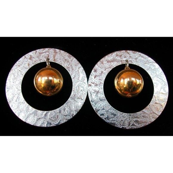 Vintage Brutalist Gold & Silver Tone Statement Necklace & Clip-On Earrings Set 1 - Picture 11 of 14